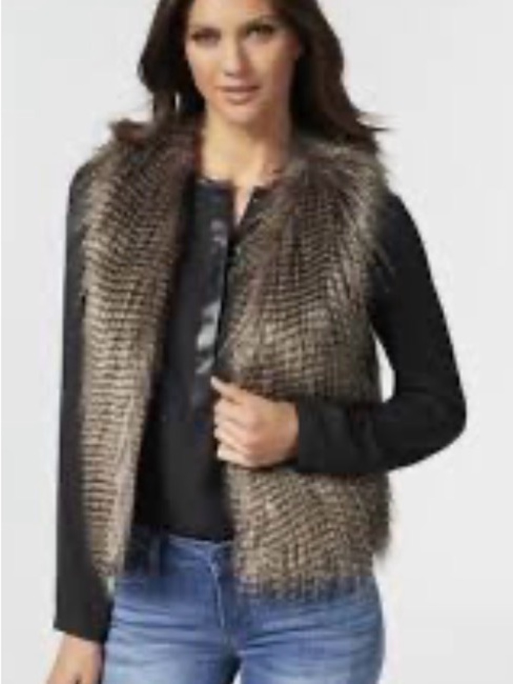JustFab Brown Faux Fur Striped Vest